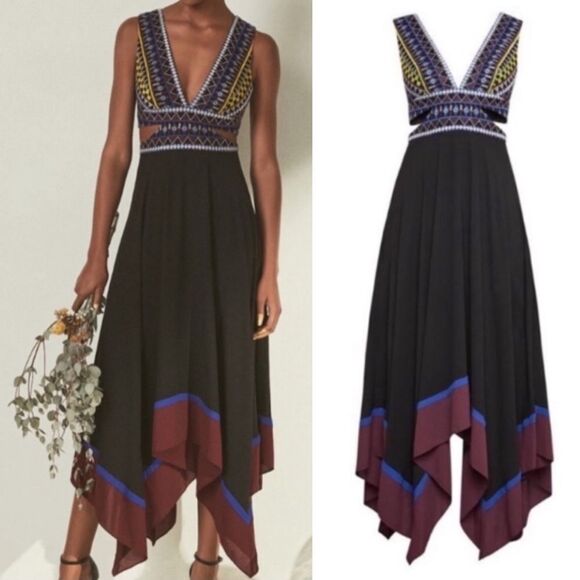 BCBGMaxAzria Boho Embroidered Handkerchief Midi Dress Black 0 - Picture 1 of 13
